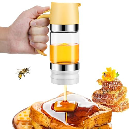 Kongming Honigspender Glas 9 oz/300ml Sirup Spender mit Griff und Halterung, Press - Typ Honigglas für Honig Schokoladen - Sirup, Ahornsirup, Salatsoße, Tropfsicher, Gelb