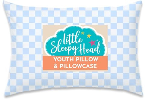 Little Sleepy Head Youth Pillow with Pillowcase 16x22, Jumbo Toddler Pillow, Hypoallergenic Pillowcase - Best Kids Pillows for Sleeping, Perfect Kids Travel Pillow (Checkers Baby Blue)