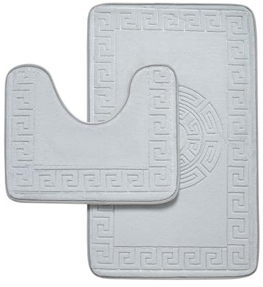 VELVETIO Bath Mat Set 2 Piece Machine Washable for Bathroom, Greek Key Non Slip Quick Dry Shower Rugs & Bathtub Mats, Memory Foam Water Absorbent 100% Polypropylene Toilet Rugs, Grey