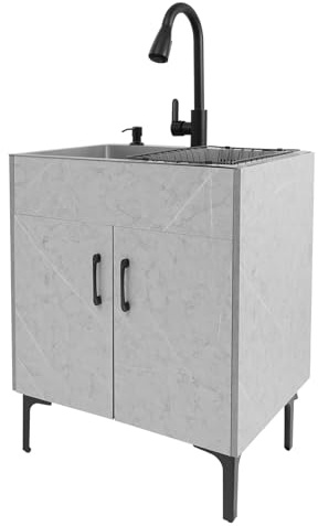 Bokknppo Laundry Sink Cabinet with Pull-Down Faucet Stainless Steel Utility Sink for Laundry Utility Room Bathroom Vanity Sink Cabinet with 2 Doors for Kitchen Outdoor (Grey)