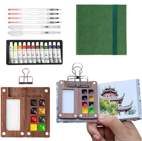 Yamobi Mini Kit Acuarela Viaje,Mini Set de Acuarelas con Tazones Vacíos, Paleta de Acuarelas para ViajarKit de Paleta de Acuarelas en Miniatura de 8 Cuadrículas