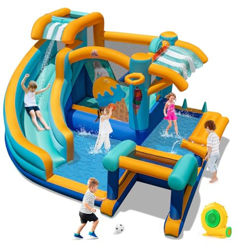 COSTWAY Inflatable Water Park, Kids Bouncy Castle Jumper House with Slide, Water Cannon, Climbing Wall, Football Goal, Basketball Hoop, Toy Market Stand, 378 x 366 x 203cm (with blower)
