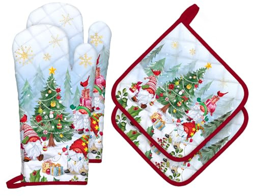 Arquiel Guanti Da Forno Presina Set Di 4 Natale, Gnomi Invernali Cotone Addensare Guanti Da Forno A Microonde, Presine Da Cucina Morbida Resistenti Al Calore Per Arrostire, Cuocere Decorativo Regalo