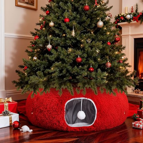 SilTriangle Katzentunnel, Weihnachtsbaumrock, groß, weiches Plüsch-Tunnelbett unter dem Weihnachtsbaum für Innenkatzen, 91,4 cm, kreisförmiges Donut-Rohrbett mit zentraler Matte für Katzen, Welpen