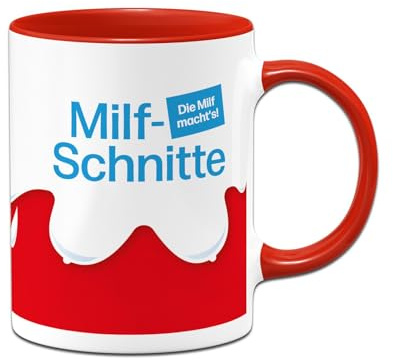 Tasse lustig mit Spruch: Milfschnitte - Kaffeetasse mit Milf Parodie - Scherzartikel - Geschenk für Kollegin, Freundin - Milfkaffee (Rot)