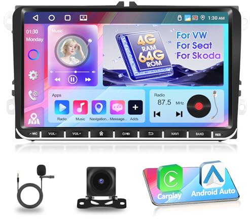 Autoradio Motorsi 4G+64G per VW POLO PASSAT B6 GOLF 5 6 Seat Skoda Stereo Radio Doppio Din 9'' con IOS Carplay Android Auto Radio, Bluetooth 5.0 GPS WiFi 32EQ FM/RDS 2USB supporto DAB, OBD2