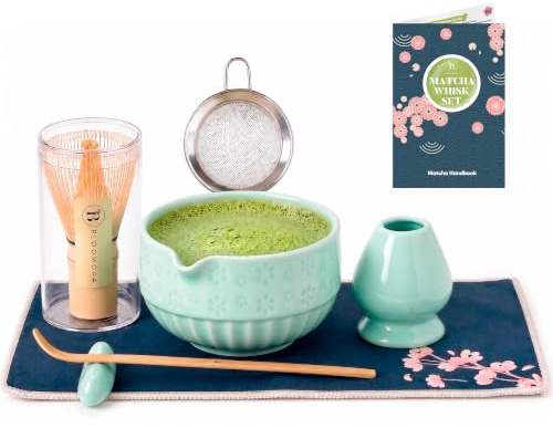 Matcha Kit – Set Matcha con Cuenco de Cerámica, Batidor de Bambú, Cucharilla, Colador, Reposacucharilla, Soporte para Batidor, Paño + Manual – Kit Tradicional de Ceremonia del Té Japonés