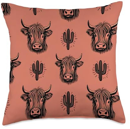 Cute Cow Bull & Cactus on Coral Orange Background Cattle Throw Pillow