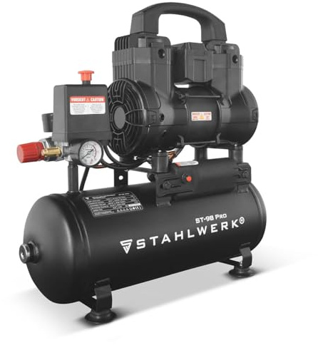 STAHLWERK Compresseur avec cuve 9 L (ST-98 Pro) – sans huile & silencieux, 8 bar, 1,22 CV, 0,90 kW, 170 l/min, 65 dB, compresseur d'air avec moteurs sans balais, compresseur à pistons silencieux