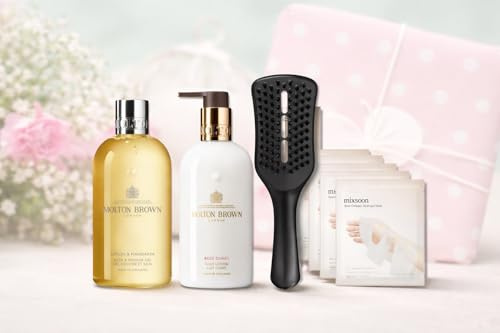 Luxury Mother’s Day Pamper Gift Set for Her – Molton Brown Bath & Shower Gel & Body Lotion 300ml, Tangle Teezer Blow-Dry Hairbrush, Mixsoon Collagen Face Mask (5 Pack) – Beauty Hamper Worth £96+ Now £