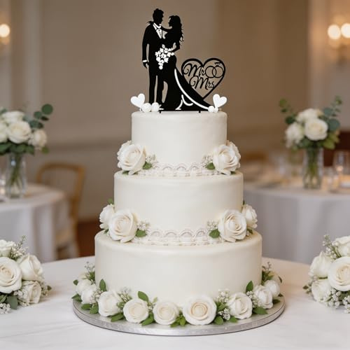 Wedding Cake Topper, Just Married Cake Topper - Elegant Acrylic Mr & Mrs Cake Decoration for Wedding Party, Bridal Shower - 17.6x10.8cm