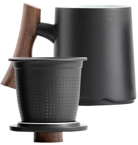 JOINPAYA Taza de Cerámica Negra con Filtro Integrado Diseño Elegante de 360ml y Mango de Madera y Limpieza Fácil para Infusiones para Diversas Ocasiones