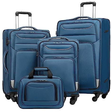 Coolife Luggage 4 Piece Set Suitcase Spinner TSA Lock Softshell lightweight (blue+sliver)