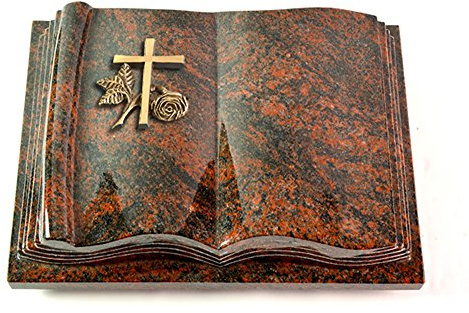 MEMORUM Grabmale Grabbuch, Grabplatte, Grabstein, Grabkissen, Urnengrabstein, Liegegrabstein Modell Antique 40 x 30 x 8-9 cm Aruba-Granit, poliert inkl. Gravur (Bronze-Ornament Kreuz 1)