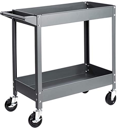 Amazon Basics – Multifunktionaler Materialwagen mit Stahlwanne, 2 Regalböden, mit 181 kg Traglast, grau