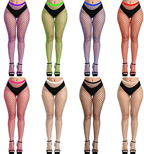 FEPITO 8 paia calze a rete calze a rete coscia collant a vita alta collant a rete per donna (8 colori)