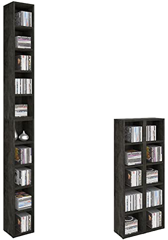 CARO-Möbel CD DVD Blueray Regal Chart in Betonoptik – Zweiteiliges Medienregal, Aufbewahrung, CD-Ständer mit 10 Fächern für bis zu 160 CDs, 20x187 cm (B x H)