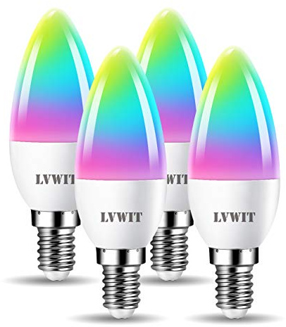 Dimbar E14 WiFi ljus LED-lampa, LVWIT C37 smart WiFi RGB-glödlampor, 470 lm, 5 W ersätter 40 watt, kompatibel med Alexa, Echo och Google Assistant, dimmad TUYA/Smart Life APP (paket med 4)