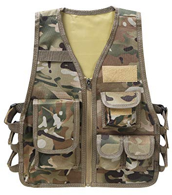 YEAHDOR Unisexe Enfants Gilet Gilet Militaire Adjustable Costume Vêtement Combat Training Veste Extérieure Exercice avec Multi-poches pour Game Sport Extérieure 5-14 Ans Camouflage 8-14 Ans