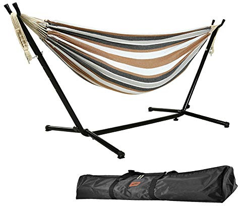 Goutime Amaca doppia da 2,6 m con supporto, capacità di 250 kg, include borsa da trasporto portatile perfetta per patio esterno, terrazza, amaca da giardino con supporto, balcone (marrone e bianco)