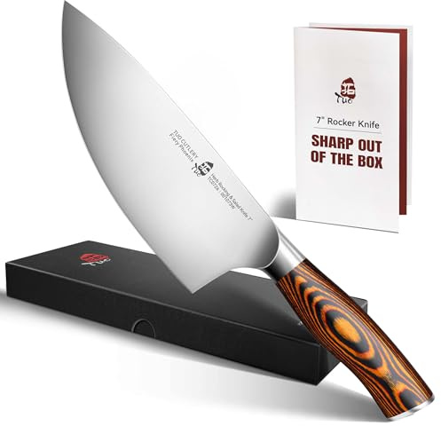 TUO Rocker Knife, 7 inch Salad Chopper Chef Knife for Herb Rocking and Veggie Chopping, Vegetable Cleaver in High Carbon Steel with Ergonomic Handle - Fiery Phoenix Series