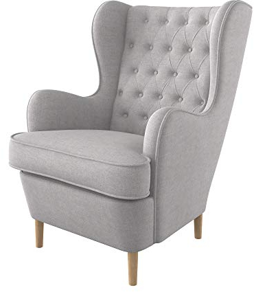 Furninero - Ohrensessel, Flügelstuhl, Flügel Sessel, tiefer gepolsterter, Chesterfield-Stil, gerundete Beine, Softi Light Grey Stoff (Wasserabweisen), Grau