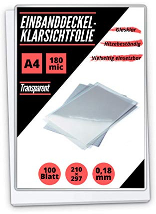 100 PREMIUM Deckblätter Klarsichtfolien, hitzebeständig bis ca. 250°C, PET, transparent, glasklar, 0,18 mm stark (A4, 210x297mm)