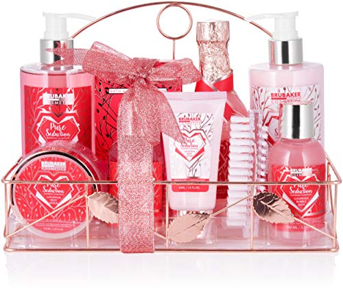 BRUBAKER Cosmetics 10-tlg. Dusch- und Badeset Himbeere Champagner Duft - Frauen Pflegeset Geschenkset in Metall Badregal Rosé Gold - Geschenk Set für Freundin oder Mama