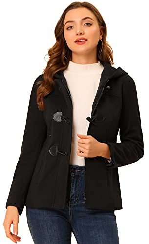 Allegra K Women's Casual Winter Outwear Hooded Button Peacoat Toggle Duffle Coat X-Large Black