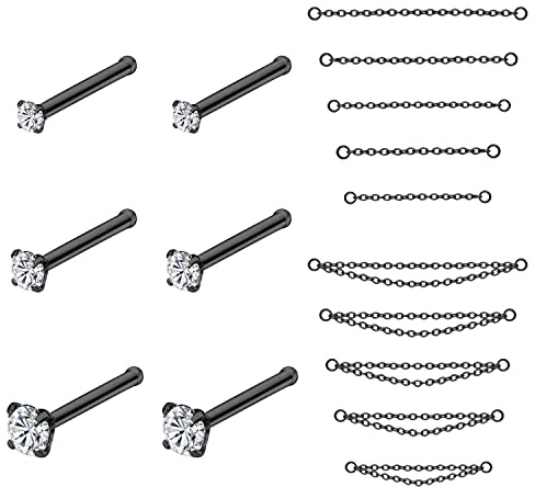 PunkTracker 20G Nasenring 2mm 2.5mm 3mm CZ Nasenstecker mit Kette Chirurgenstahl Nasenpiercings Nasenpiercing Schmuck Nasenringe für Damen Herren