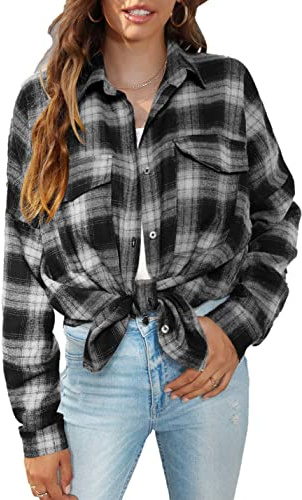 Bozanly Womens Flannel Plaid Shirts Oversized Long Sleeve Button Down Shacket Blouse Tops(0618-Black-M)