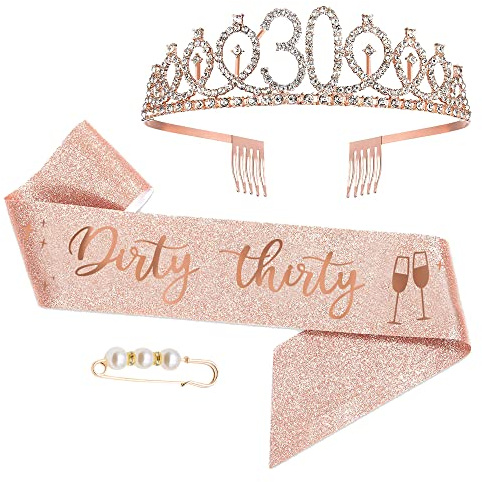 Moitkptt Dirty Thirty 30. Geburtstags Tiara, Geburtstags-Krone Schärpe Set, deko 30 geburtstag für 30. geburtstag frauen alles Gute zum 30. Geburtstagsgeschenk, Partyzubehör