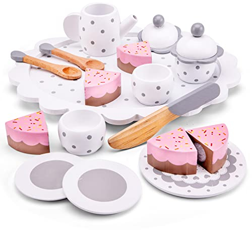 New Classic Toys 10621 Coffee/Tea Set with Cutting Cake-White, Wood