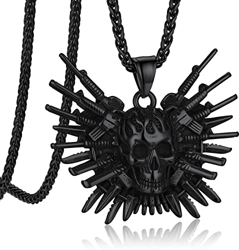 Bandmax Flamme Totenkopf Halskette Herren Anhänger Panzerkette Edelstahl Schwarz Totenkopf Kette Schädel Kette Piraten Kette Punk Piraten Accessoires Schmuck Länge 55CM+5CM