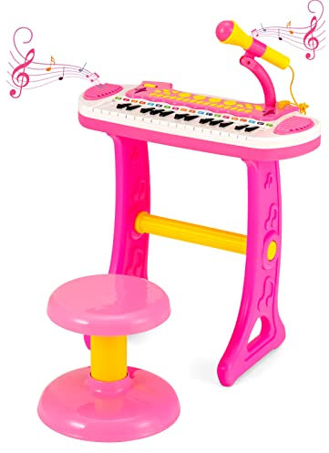 COSTWAY 31-Key Kids Electronic Keyboard with Stool, Microphone, Flashing Lights, Recording & Playback Function, Musical Instrument Toy Piano for Boys Girls (Pink)