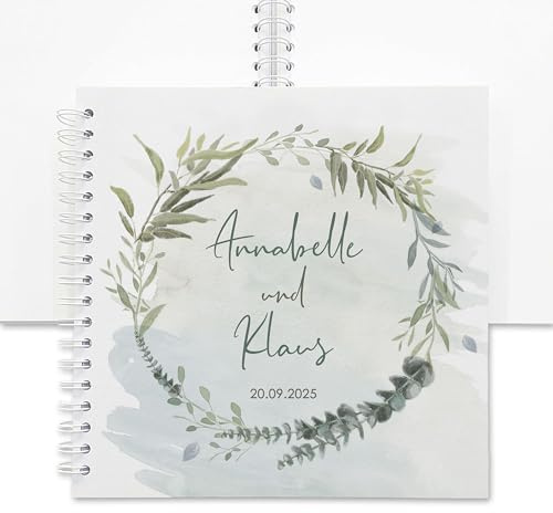 Feenstaub Ausgefallenes Gästebuch Hochzeit personalisiert, Ringbuch blanko 25x25 cm, Hochzeitsgästebuch Blumenkranz Greenery, Fotoalbum mit Spiralbindung