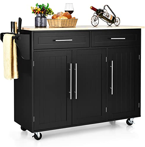 GOPLUS Desserte Îlot de Cuisine Desserte à roulettes Chariot de Cuisine en Bois avec 2 Placards Étagère 2 Niveaux Réglables et 2 Tiroirs, Porte-Serviettes, 122 x 46 x 93 CM, Noir