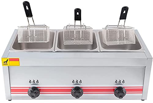 Friteuse à gaz professionnelle GPL, friteuse commerciale en acier inoxydable avec paniers et couvercles de friteuse, pour la cuisine à domicile de restaurant commercial,TripleCylinder10L+10L+10L