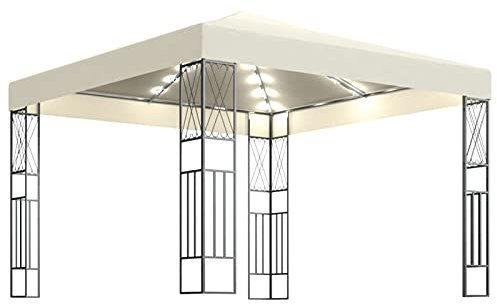 Homgoday Gazebo con Stringa di Luci LED 3x3 m in Tessuto Crema, Gazebo da Giardino, Gazebo Ombrellone da Giardino Spiaggia Pesca Esterno Antivento per Arredo Giardino Terrazzo Ambienti