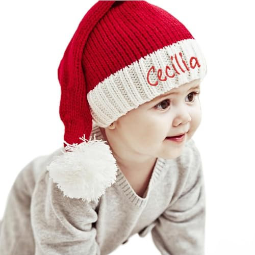 REEG Benutzerdefinierte Name Santa Hut Stricken Weihnachtsmütze Personalisierte Bestickte Weihnachtsmann Hut Warme Bommelmütze Geschenke Hut für Weihnachtsfeier (KEIN Name, 36x18cm)