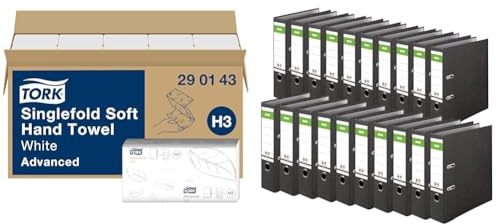 Tork weiche Zickzack Papierhandtücher Advanced 290143 & Original DINOR Ordner-Wolkenmarmor-Recycling - Made in Germany. 20er Pack 8 cm breit DIN A4 schwarz Aktenordner Briefordner Büroordner