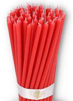 Danilovo - Candele in Cera d'Api, 50 Pezzi, Colore Rosso, Candele Decorative per Preghiera, per Rituali, Decorazione o Candele di Compleanno, 16 cm x 0,5 cm