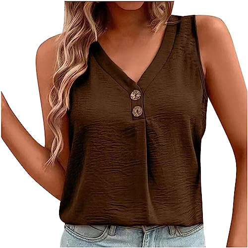 HAOLEI Womens Chiffon Tank Tops Pleated V Neck Button Sleeveless Summer Shirts Blouse Loose Casual Vest Tops Ladies Elegant Business Work Blouse UK Size S-XXL Brown