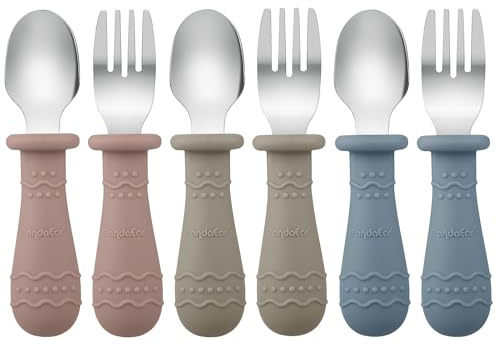 PandaEar 6 Stücke Kinderbesteck Esslernbesteck ab 1 jahr| Silikon Edelstahl Baby Besteckset Löffel Gabel mit Silikon Halten Anti-Choke Design, BPA Frei Lernbesteck (Blau/Braun/Rot)