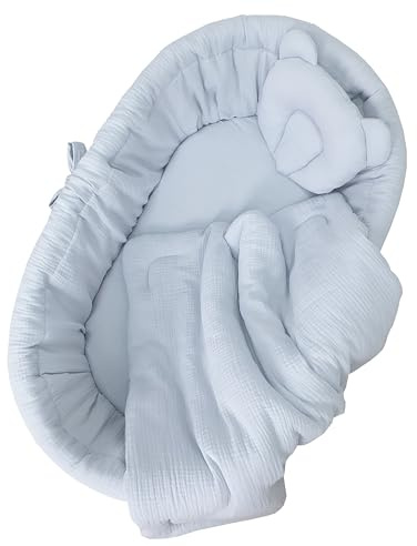 Wiklinopol Musselin Bettwäsche Set 4-teilig Hellgrau - Babybett Ausstattung mit Kissen Decke & Korbeinlage, 100% Baumwolle, Antiallergisch & Atmungsaktiv