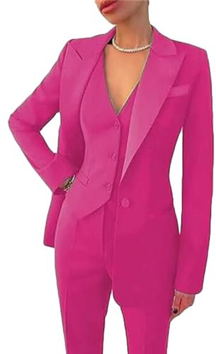 Botong Costume de travail 3 pièces pour femme avec blazer, gilet, pantalon, tenue de bal, fête, fuchsia, M