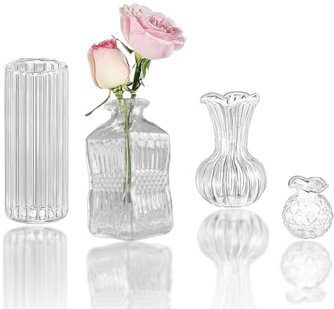 MIUPOO Vaso molto piccolo, mini piccoli vasi in vetro per fiori, set di mini vasi da tavolo, decorazione da tavolo, decorazione per matrimonio, soggiorno, tavolino da caffè, bagno, 5 cm, 4 vasi