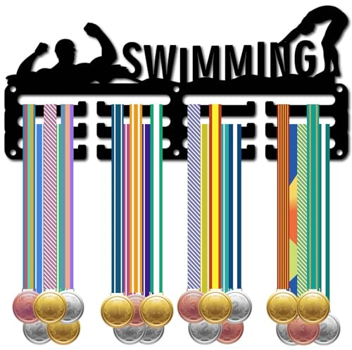 CREATCABIN Medaillenhalter Schwimmen,Medaillenaufhänger,Kleiner Medaillenständer Aufhängen von Auszeichnungen,Wandmontage,Raumdekoration,Sport,Laufen,Radfahren,Für Sportler,Rennsieger,29x13cm,Schwarz