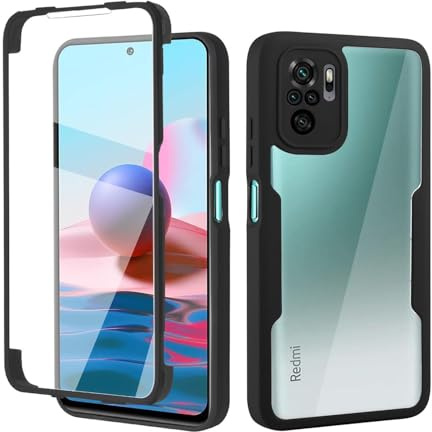 ILING Transparente Funda para Xiaomi Redmi Note 10 4G/Redmi Note 10S/POCO M5s, Moda Ultradelgado Antigolpes Carcasa con Protector de Pantalla Incorporado, Dura PC + Silicona TPU Bumper Cubierta, Negro