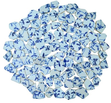 Yuvori Piastrelle per mosaico irregolari in porcellana blu e bianca, 0,5 kg, fatte a mano, per bagno, soggiorno, cucina, per esterni (05, media)